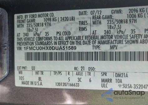 2013 Ford Escape Sel z USA, uszkodzony, nr VIN 1FMCU0HX0DUA51589